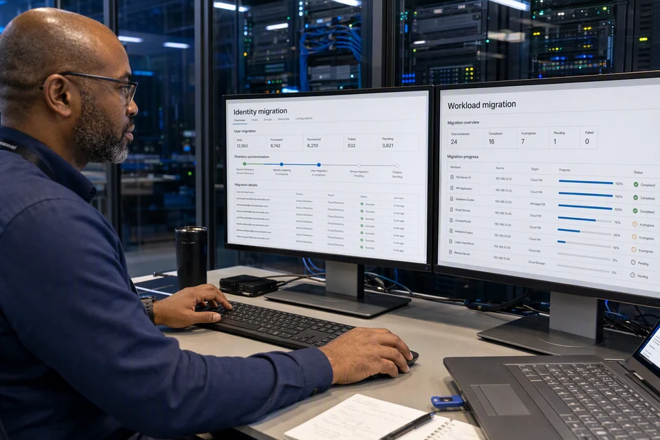 Systems engineer managing identity and workload migrations at a workstation beside enterprise server racks