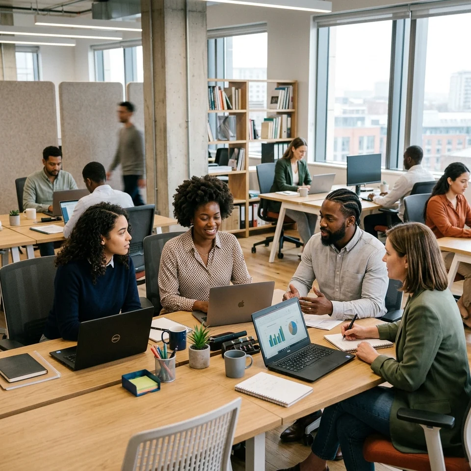 People collaborating around a shared workspace