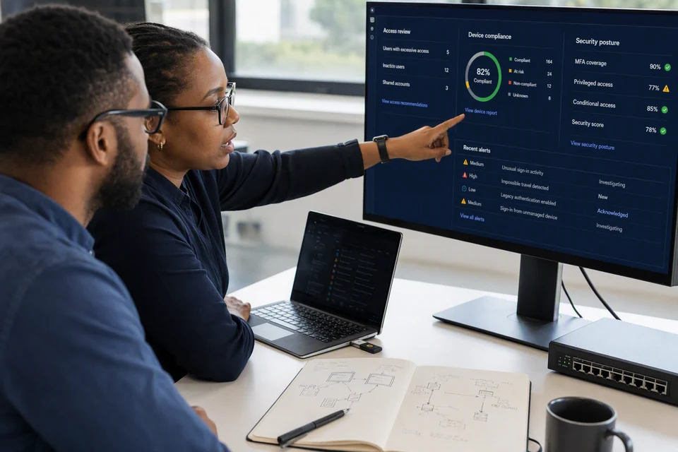 IT professionals reviewing identity access, device compliance and security posture at a workstation