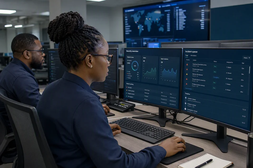 Security analysts reviewing threat events and endpoint alerts in a modern security operations centre